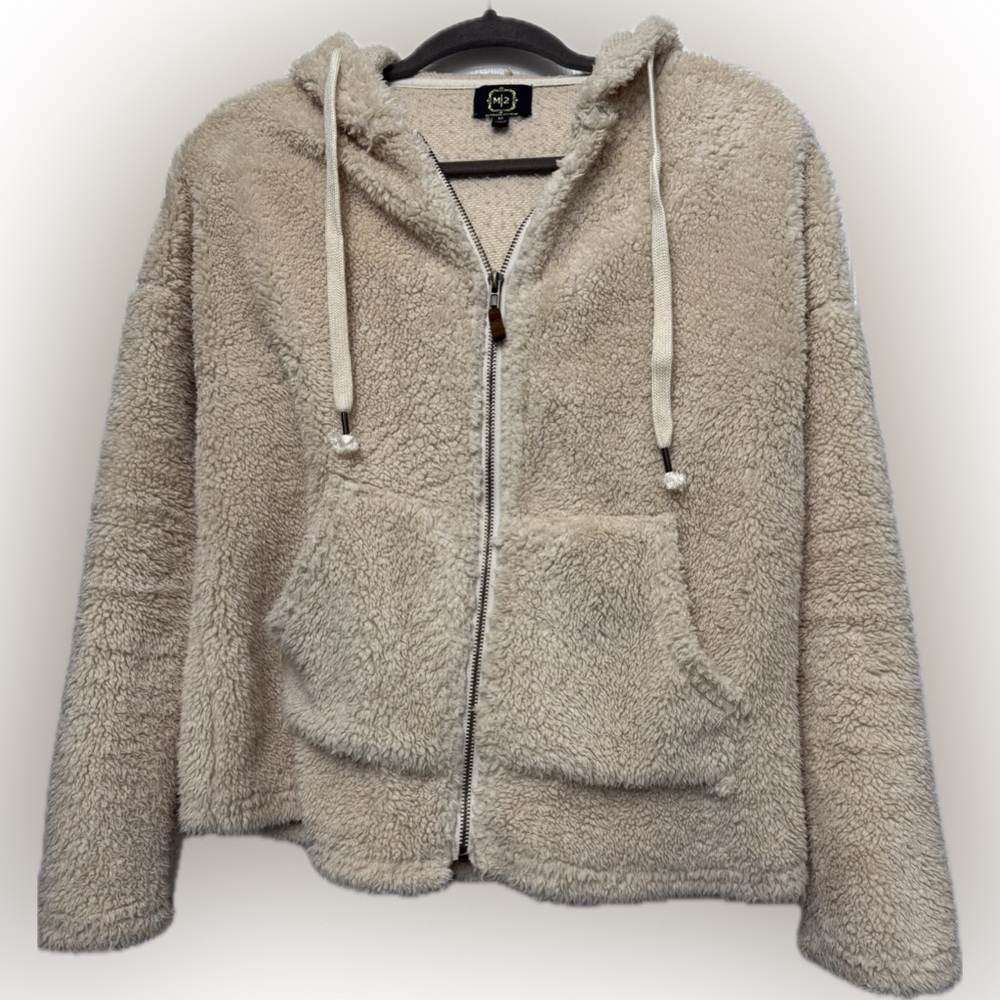 M2 Beige Sherpa Fleece Zip-Up Hoodie Jacket | Size Medium